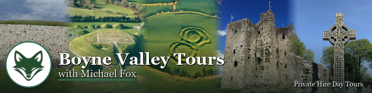 Boyne Valley Tours with Michael Fox. Composite banner of Newgrange, Knowth, Tara, Trim Castle and Monasterboice.