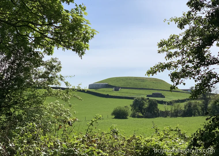 The whole Newgrange passage tomb mound on a hillside, with its white quartz facade and entrance visible among green fields.