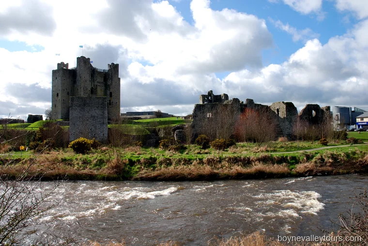 Trim Castle and curtain walls seen across the River Boyne.
